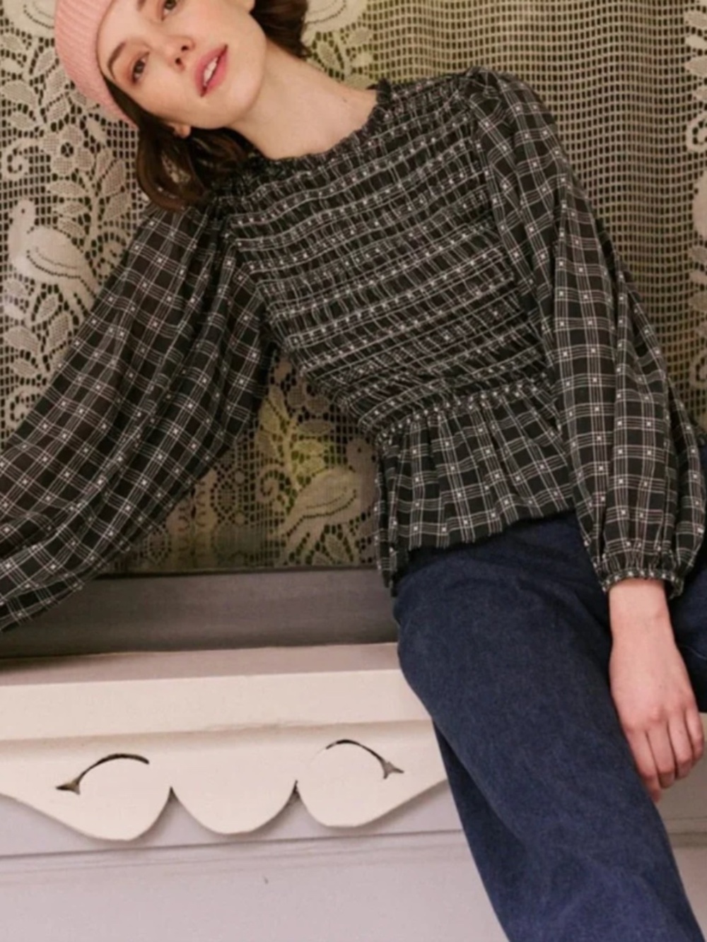 The Great The Contessa Linen Blend Smocked Top Plaid NWT